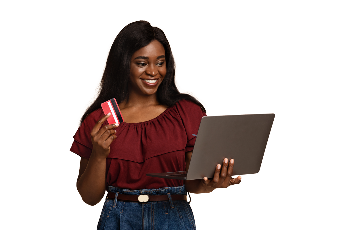 leadmonkey.ai | A woman is holding a credit card and a laptop.