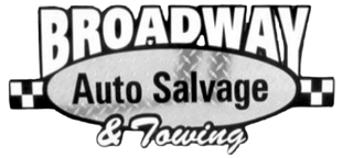 A black and white logo for broadway auto salvage and towing