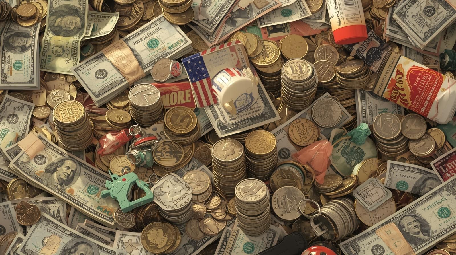 Stacks of coins and paper money representing cost of living and budgeting.