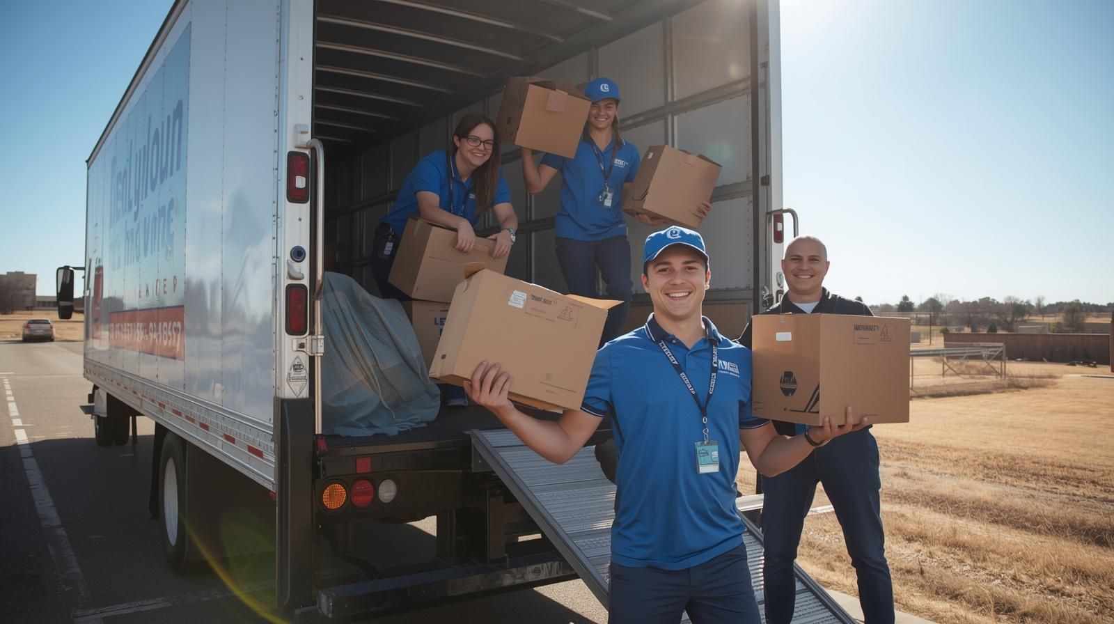 Moving crew unloading boxes from a moving truck