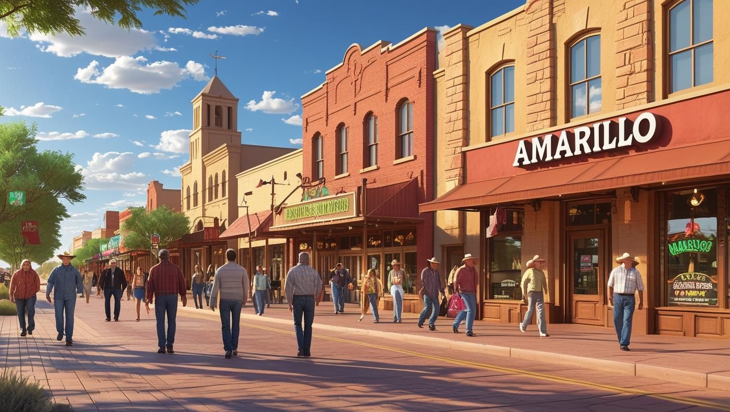 Downtown Amarillo historic district with pedestrians and brick storefronts.