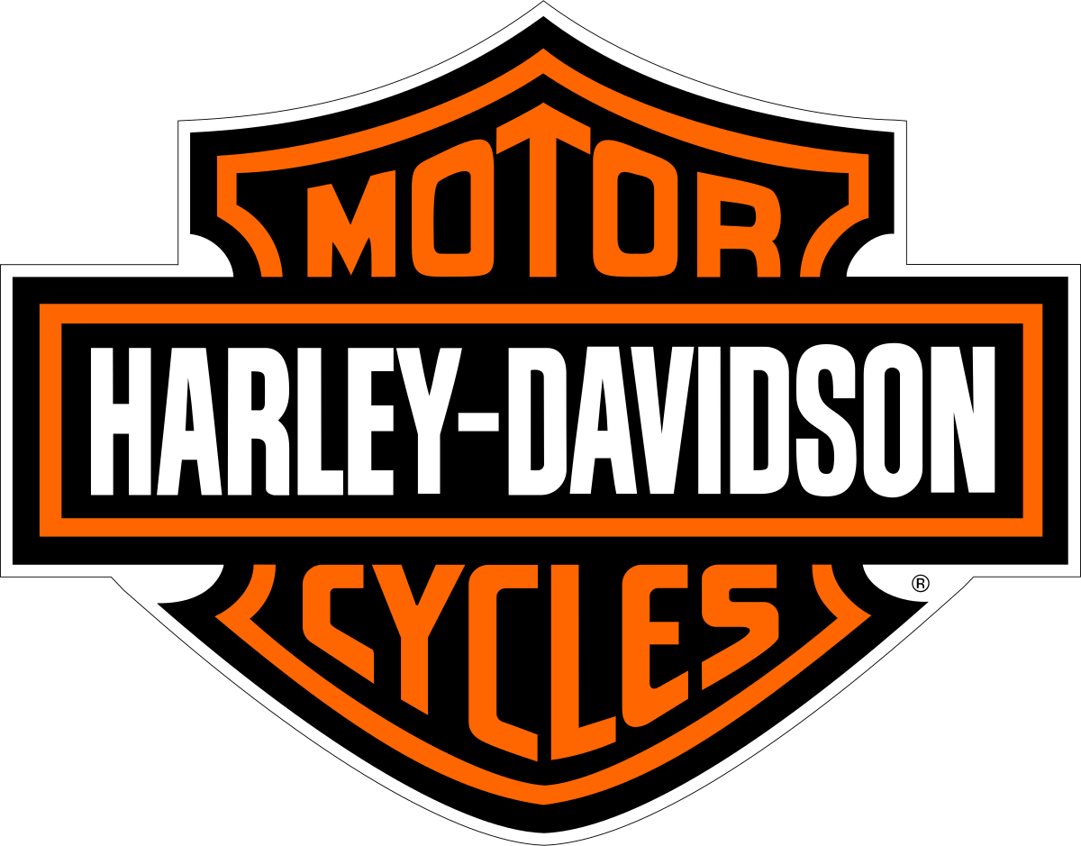 The harley davidson logo is orange and black and looks like a shield.