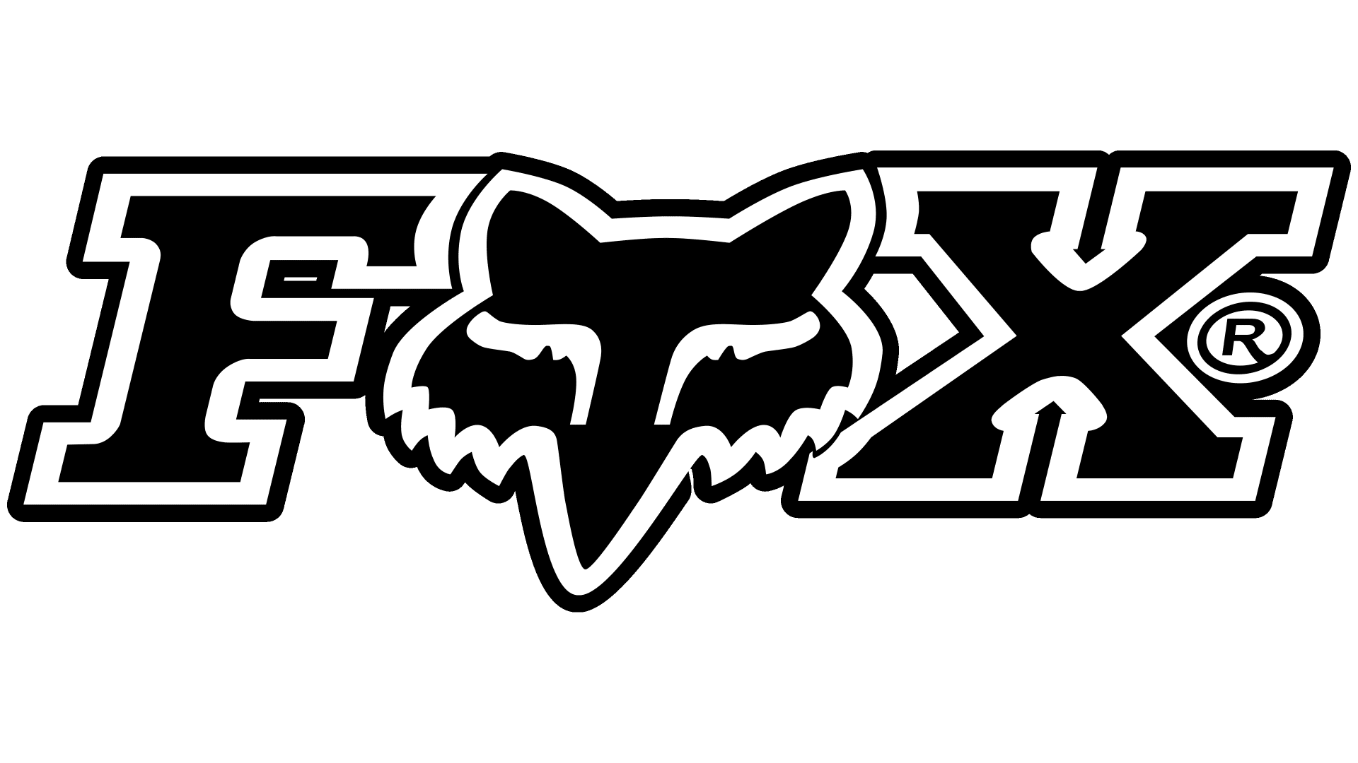 A black and white logo for fox racing with a fox head.