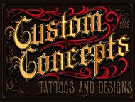 Custom Concepts tattoo and design logo in gold and red on a dark ornate background