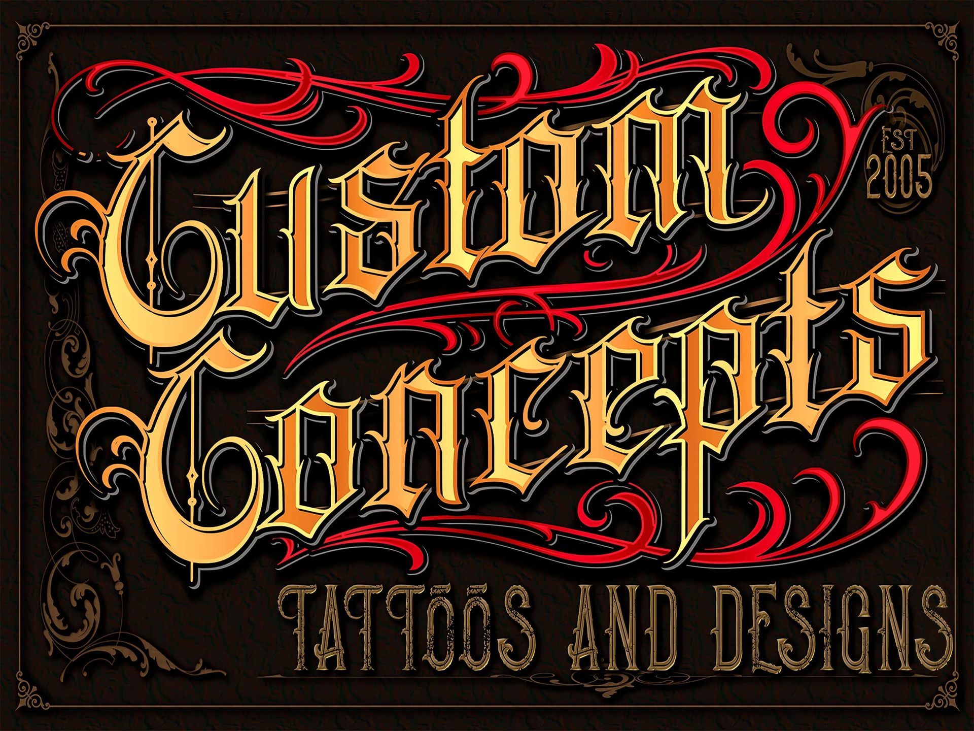 Custom Concepts tattoo and design logo in ornate red and gold lettering on a dark background