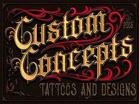 Ornate vintage logo reading “Custom Concepts Tattoos and Designs” in gold and red on a dark background