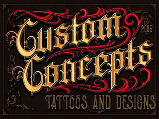Custom Concepts tattoo and design logo in ornate red and gold lettering on a dark background