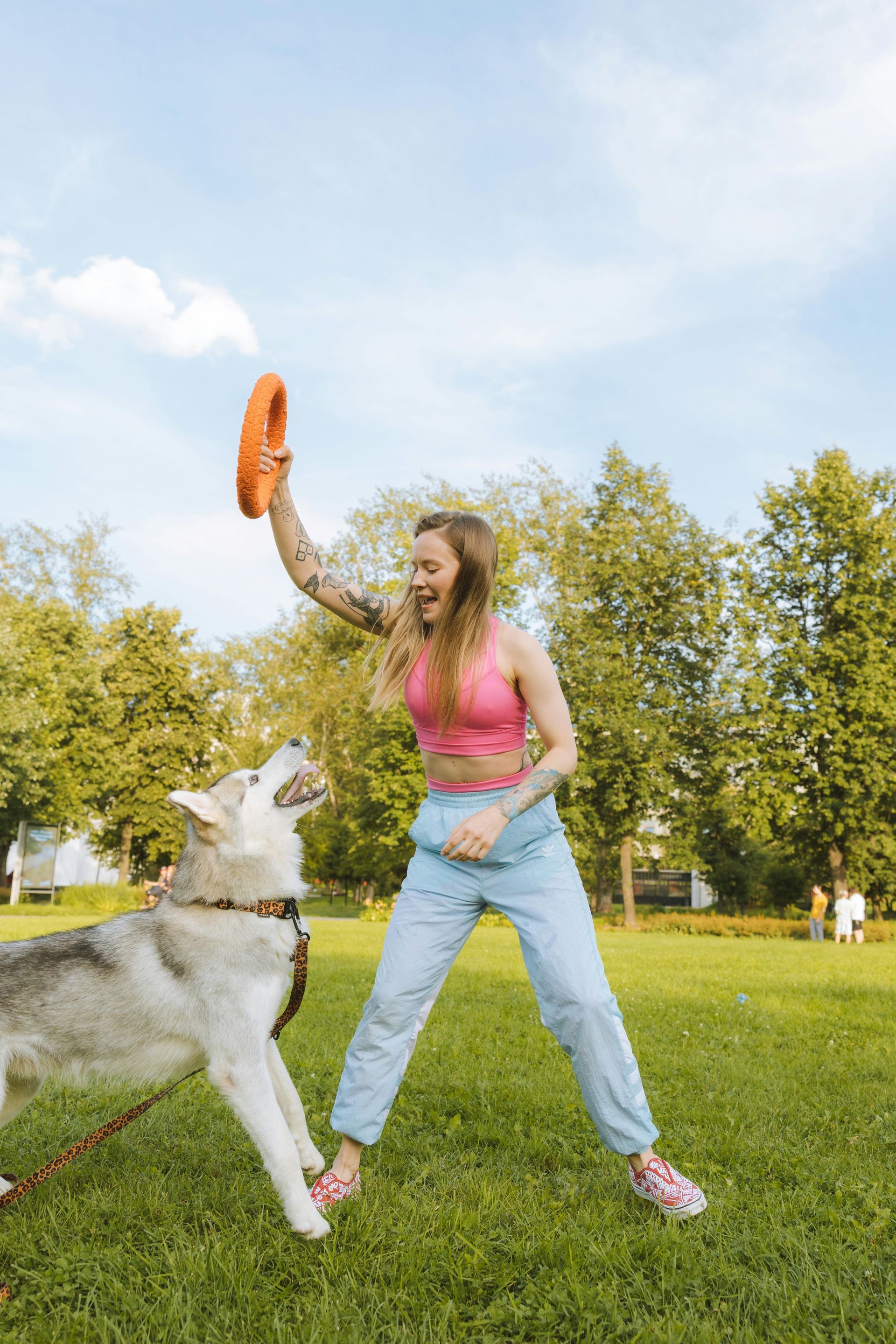 A woman is playing frisbee with a husky dog in a park.