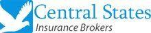 Logo for Central States Insurance Brokers, featuring a white dove icon on a blue square next to blue and black text.