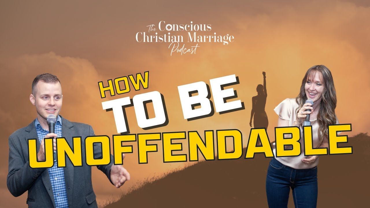 A man and a woman are standing next to each other in front of a sign that says how to be unoffendable.