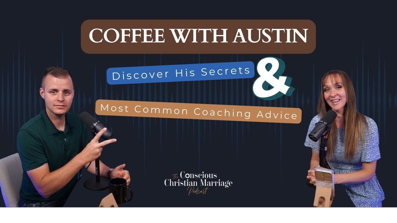 A man and a woman are on a podcast called coffee with austin