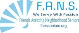 Logo for F.A.N.S., Friends Assisting Neighborhood Seniors. Text and curved fan design in shades of blue.