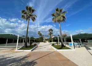Un vialetto di ghiaia conduce all'ingresso del resort, fiancheggiato da palme e da parcheggi ombreggiati da piante verdi.