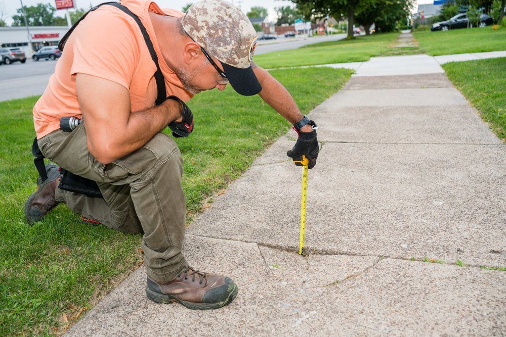 Man Measuring Crack From The Walkway — Buffalo, New York — Buffalo Girl Home Inspection