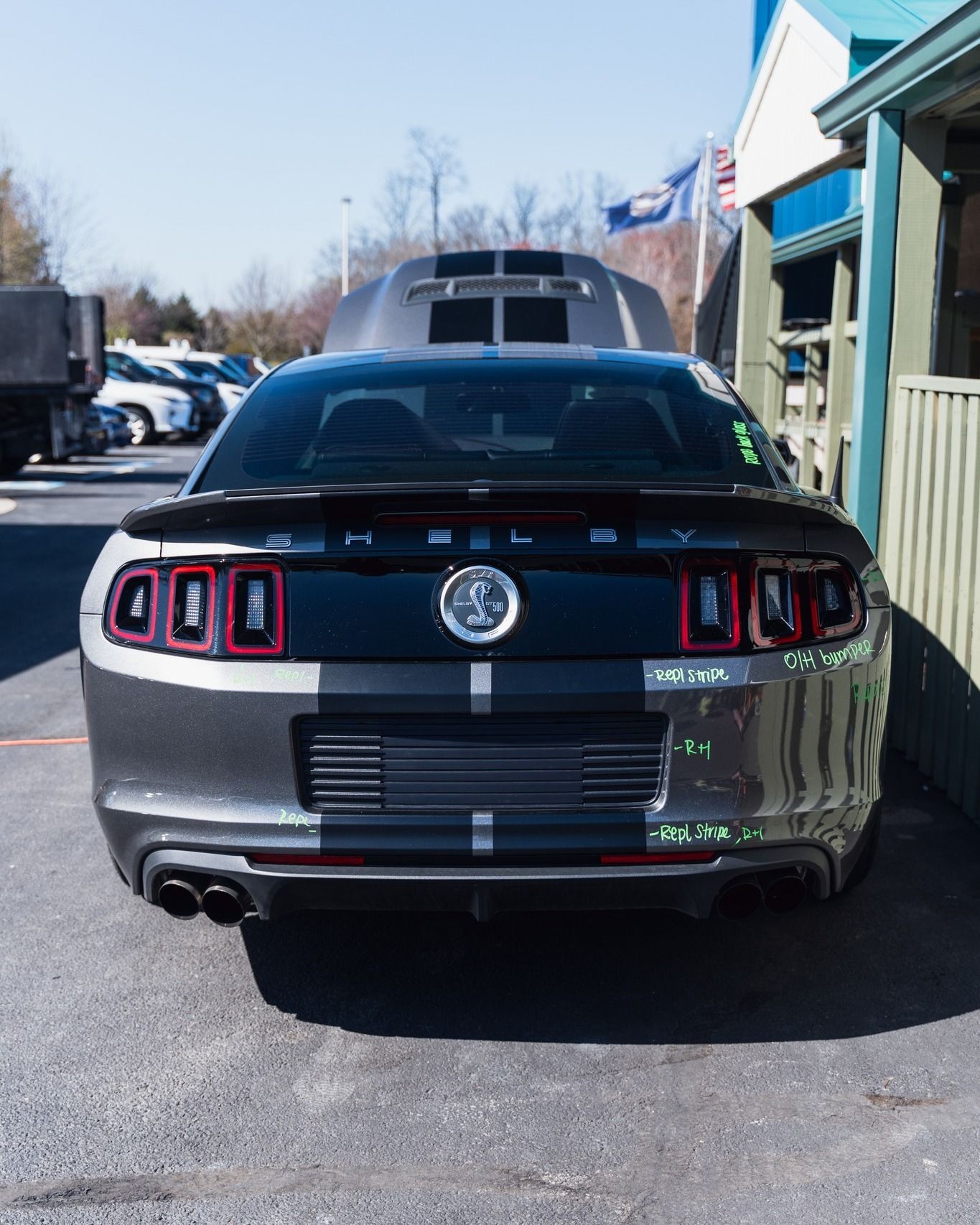 Black Ford Mustang Rear View Outside Shop | D&V Autobody Overland