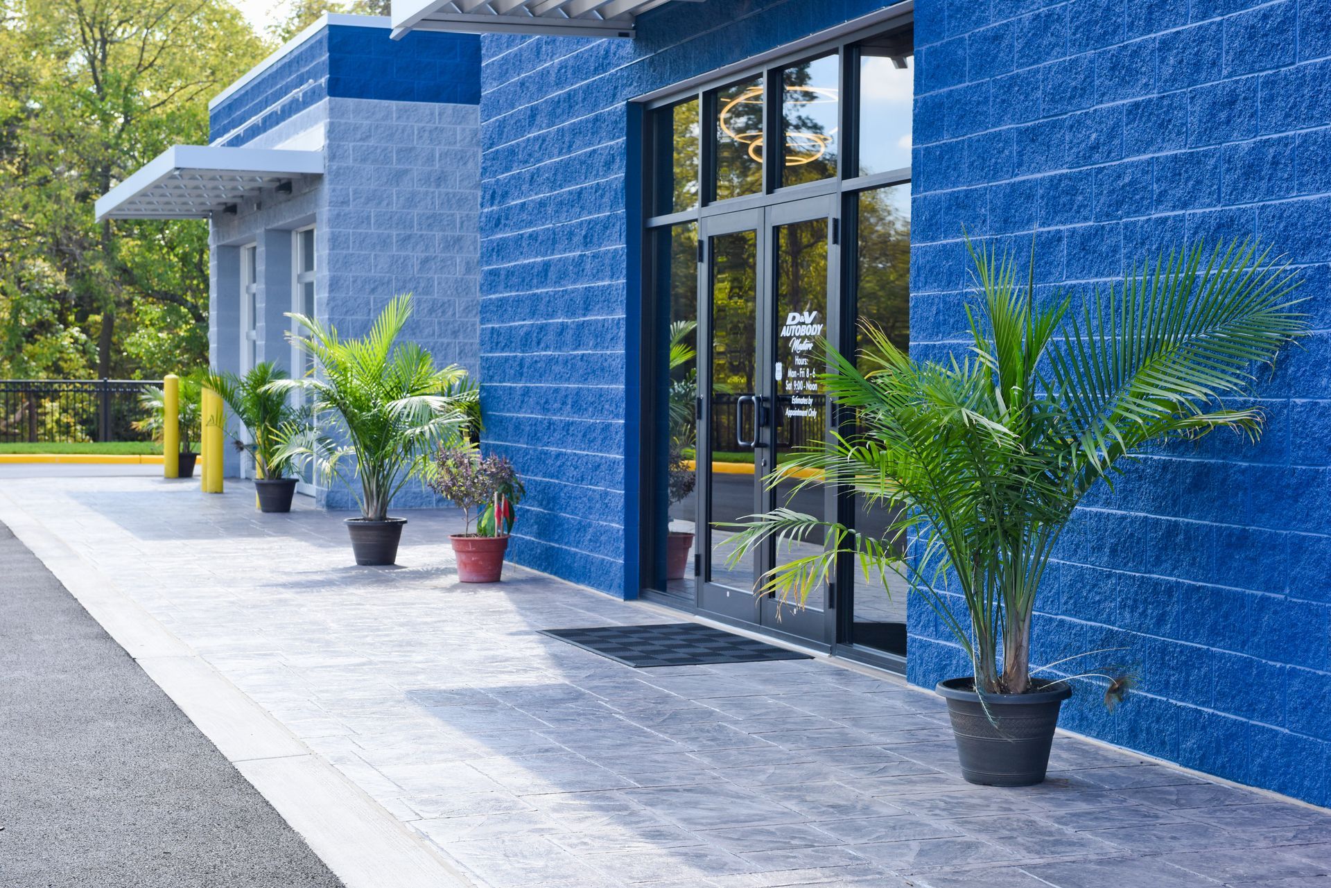 Entrance Of D&V Autobody Facility With Palm Plants | D&V Autobody