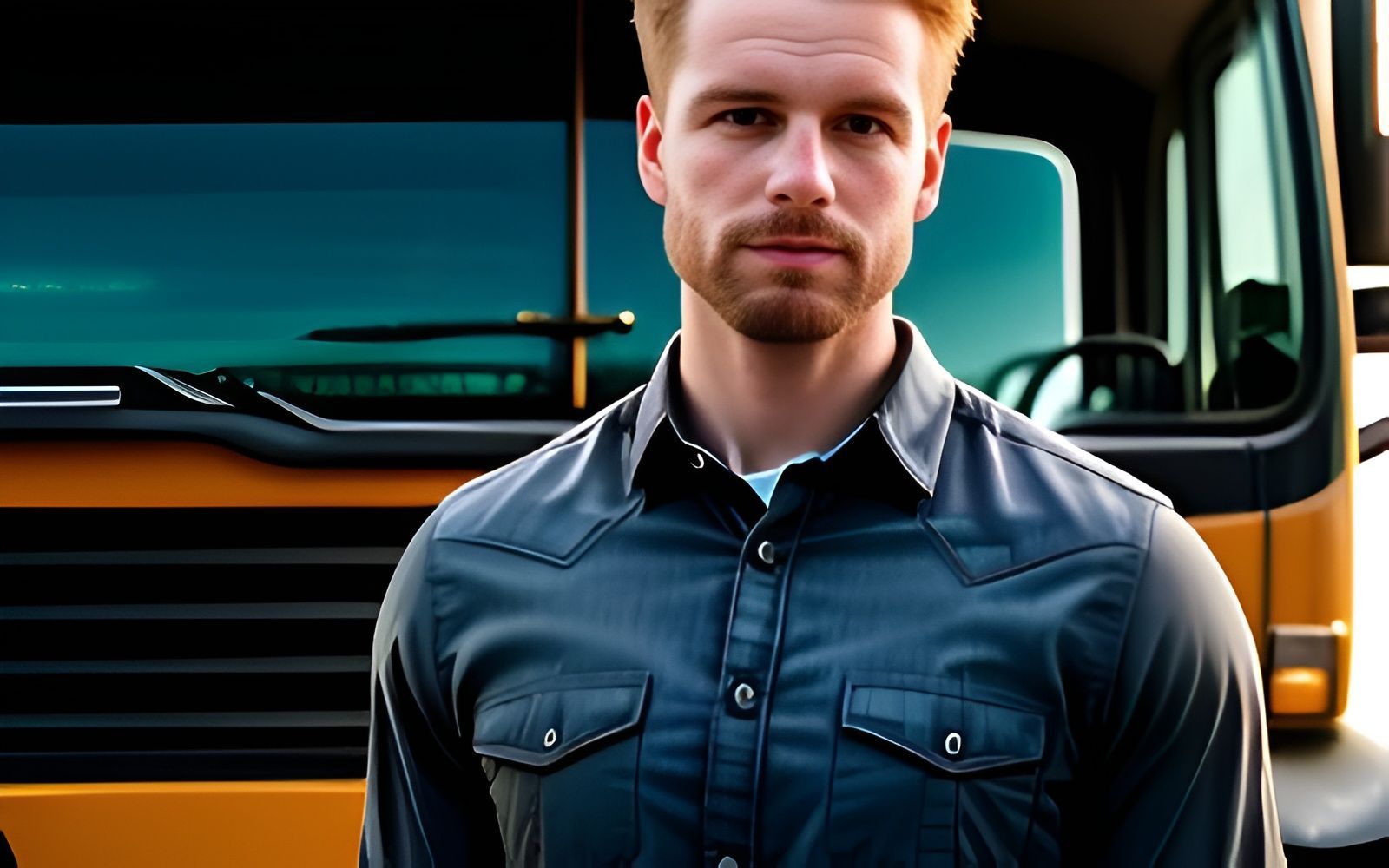 Man in Denim Shirt Standing in Front of a Yellow Truck — Allquip Rentals Pty Ltd in Cooroy, QLD