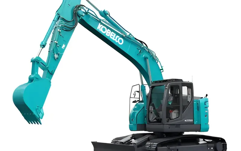 Teal Kobelco Excavator With Black Cab and Blade — Allquip Rentals Pty Ltd in Cooroy, QLD