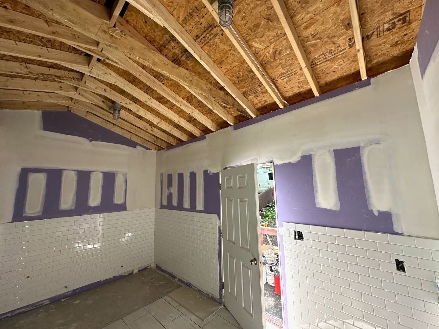 A room with purple walls and a white door