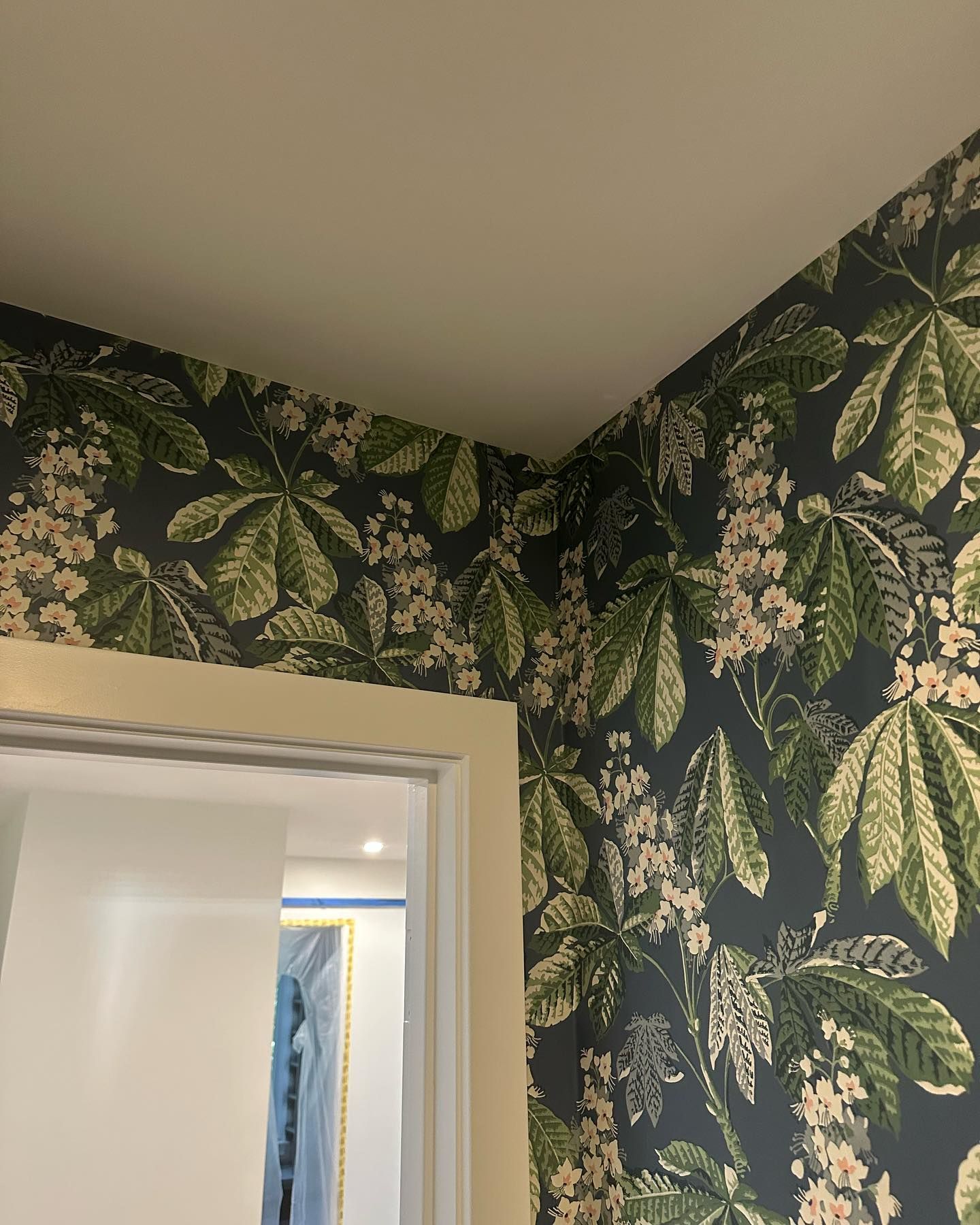 A corner of a room with a floral wallpaper on the wall.