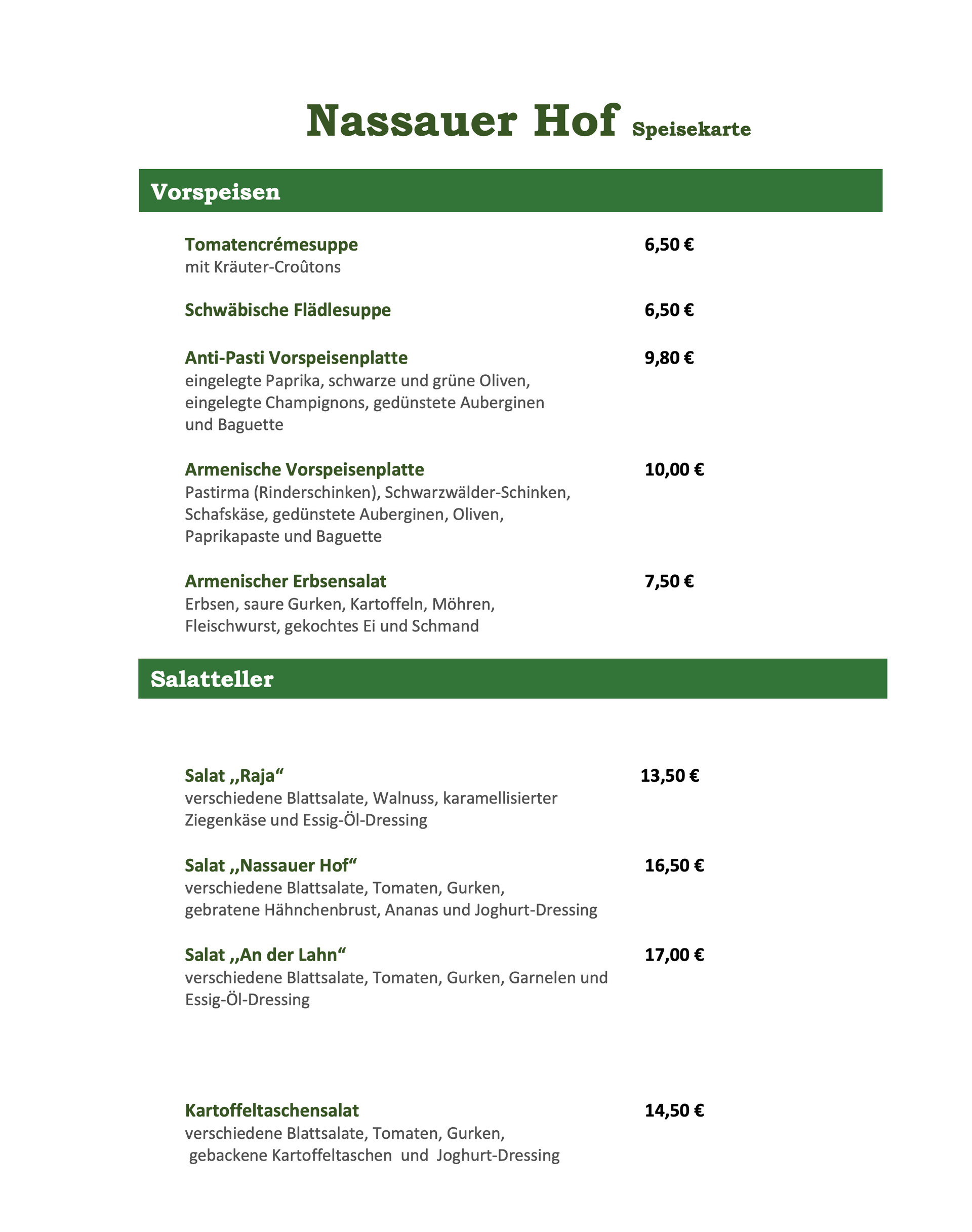 Eine Speisekarte für ein Restaurant namens Nassauer Hof