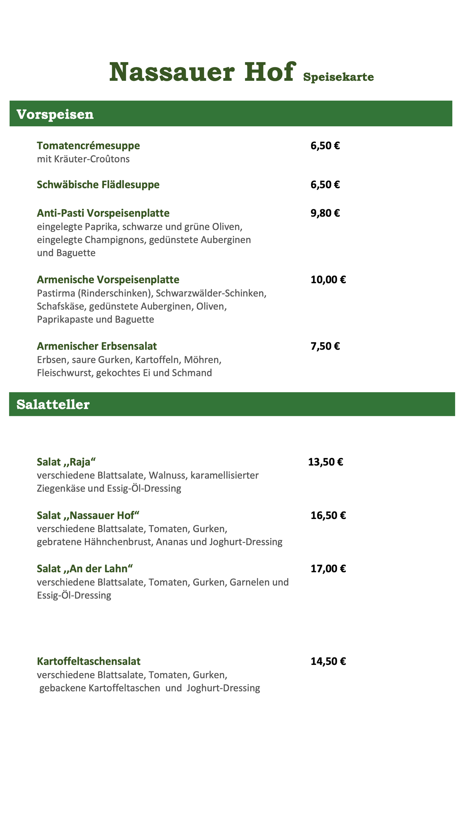 Eine Speisekarte für ein Restaurant namens Nassauer Hof