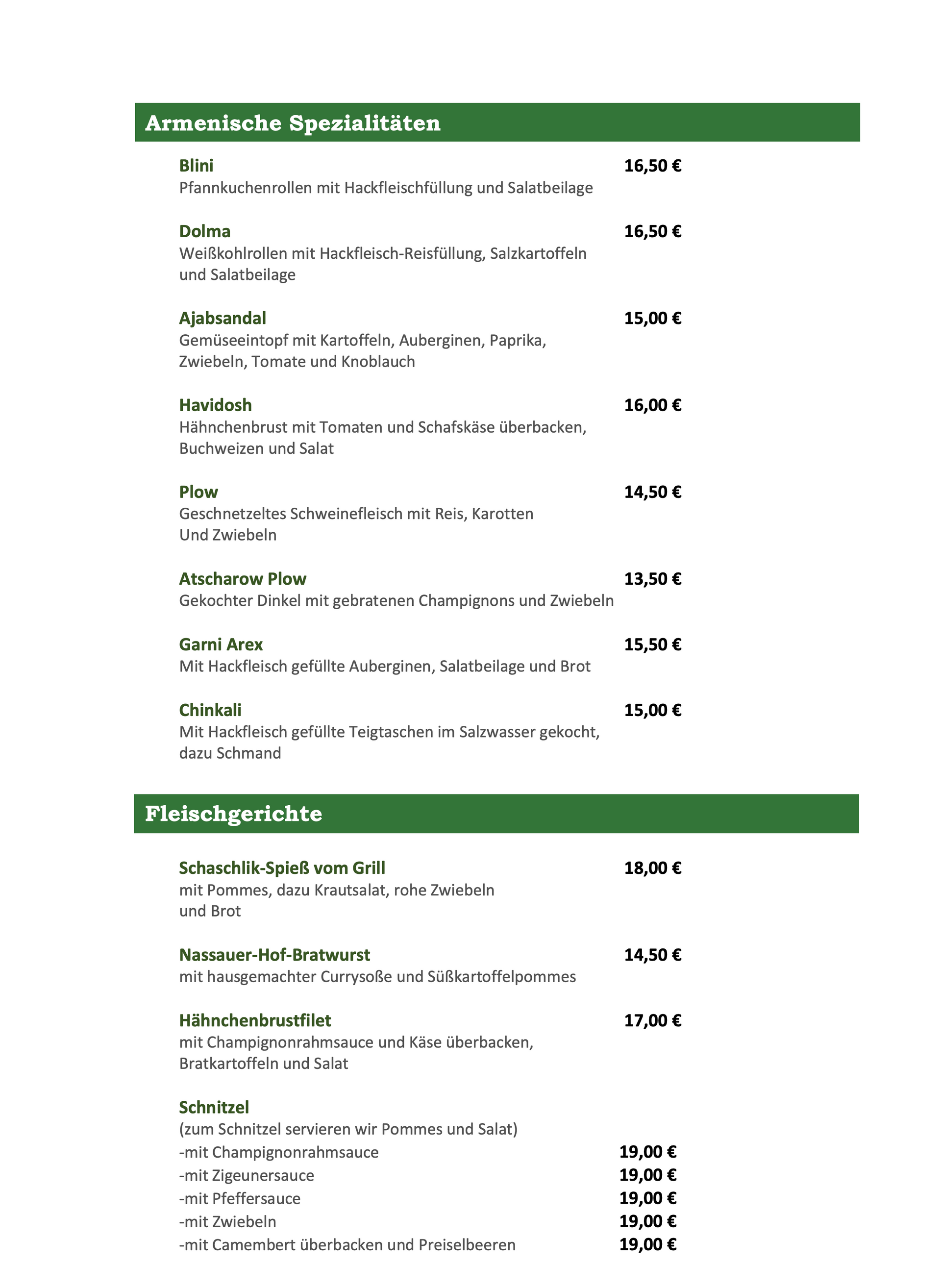 Eine Speisekarte für ein Restaurant mit grünem Rand