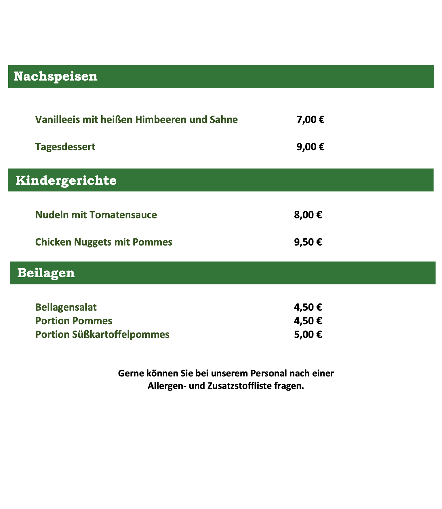 Eine Speisekarte für ein Restaurant auf Deutsch mit Preisen und Zutaten.