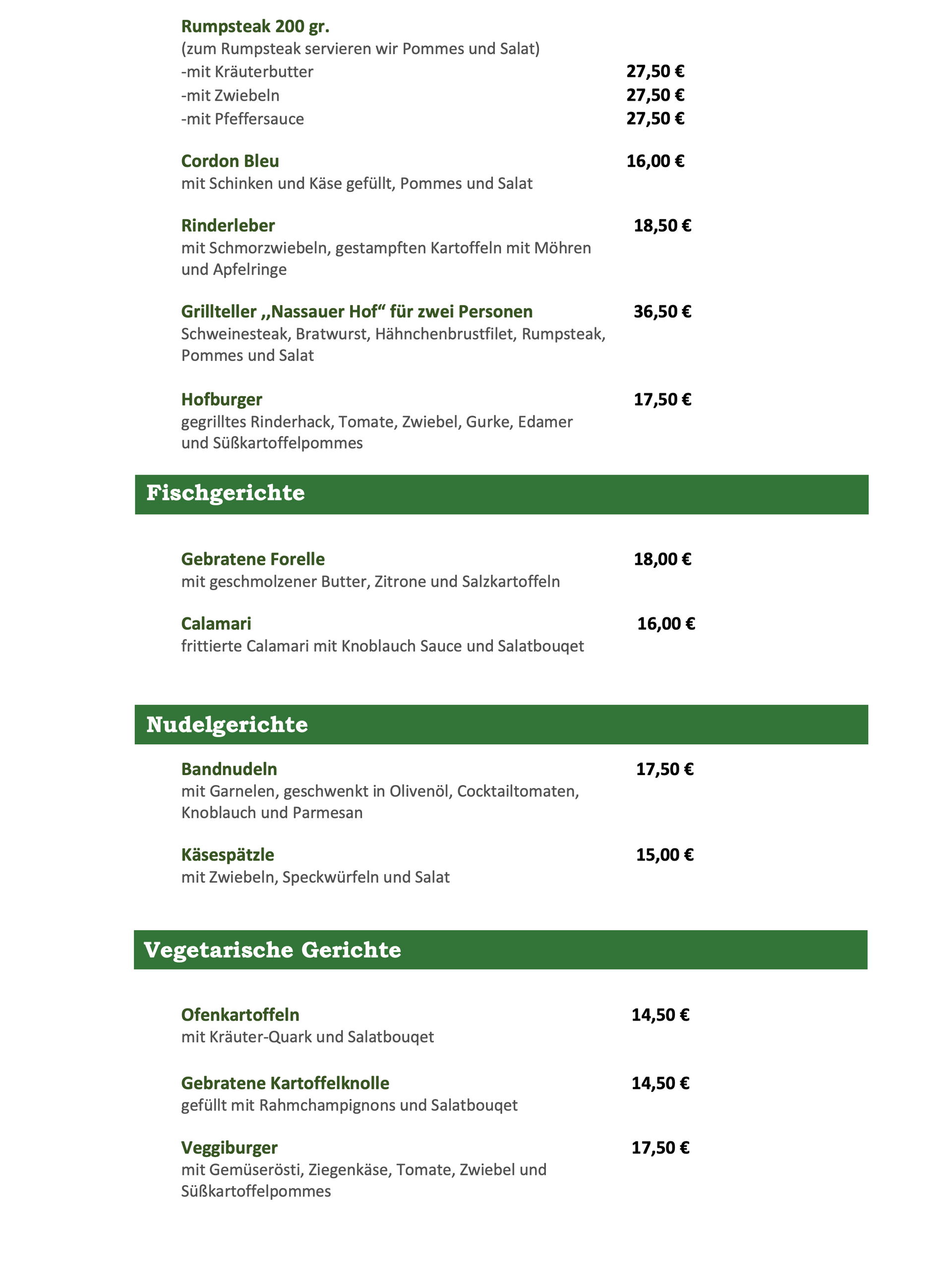 Die Speisekarte eines Restaurants zeigt eine Auswahl an Speisen und Getränken.