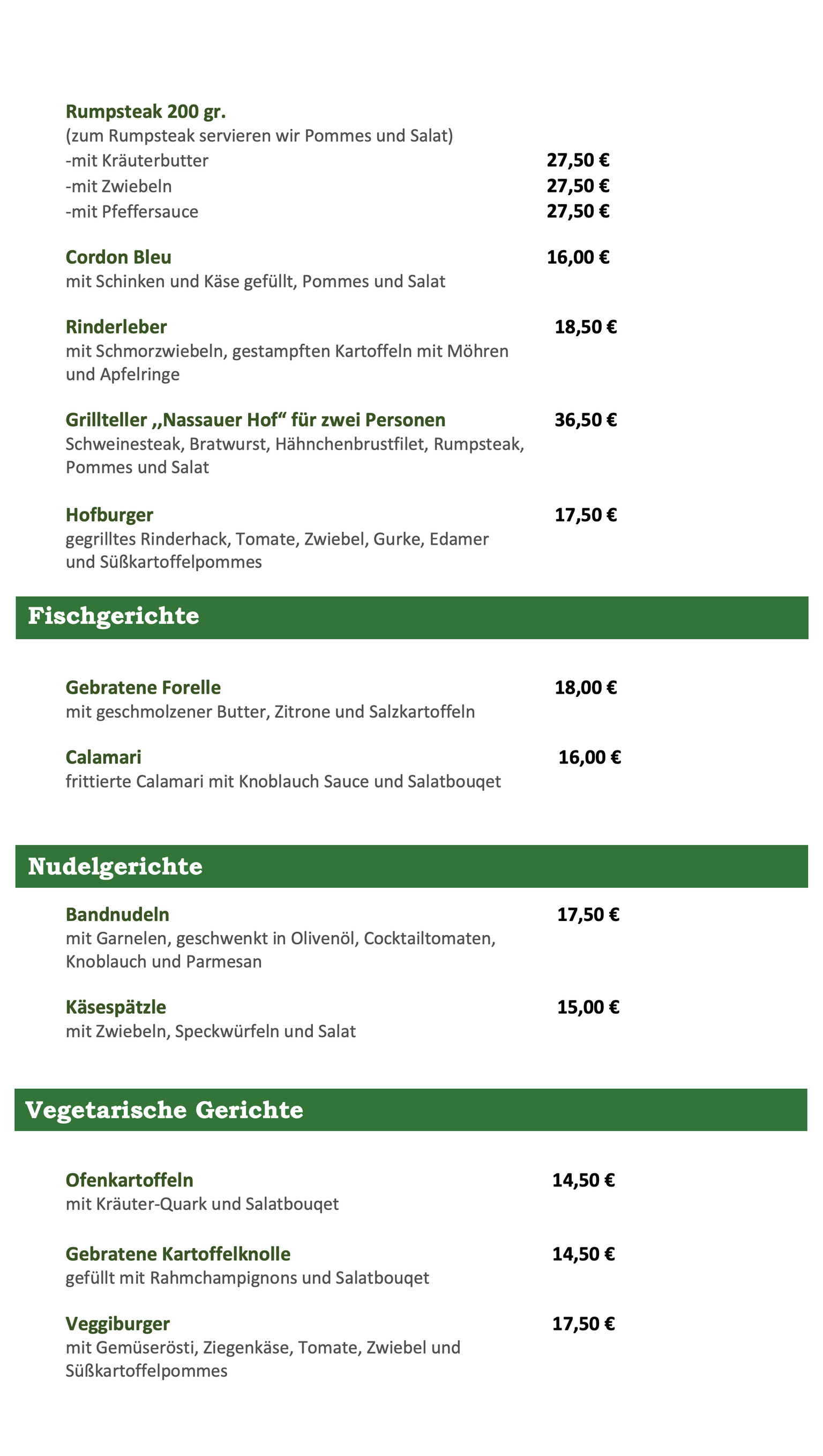 Eine Speisekarte für ein Restaurant mit grünem Rand und weißem Hintergrund.