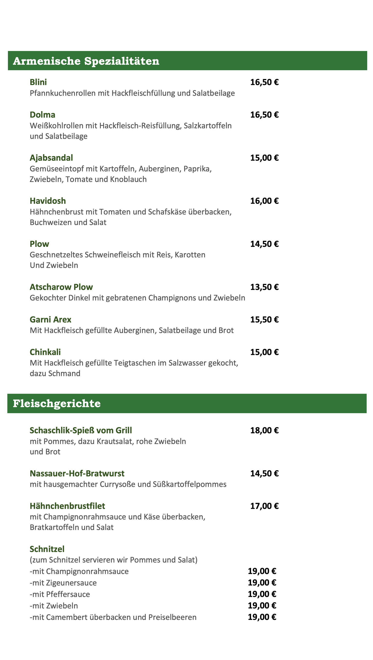 Eine Speisekarte für ein Restaurant mit grünem Rand auf weißem Hintergrund.