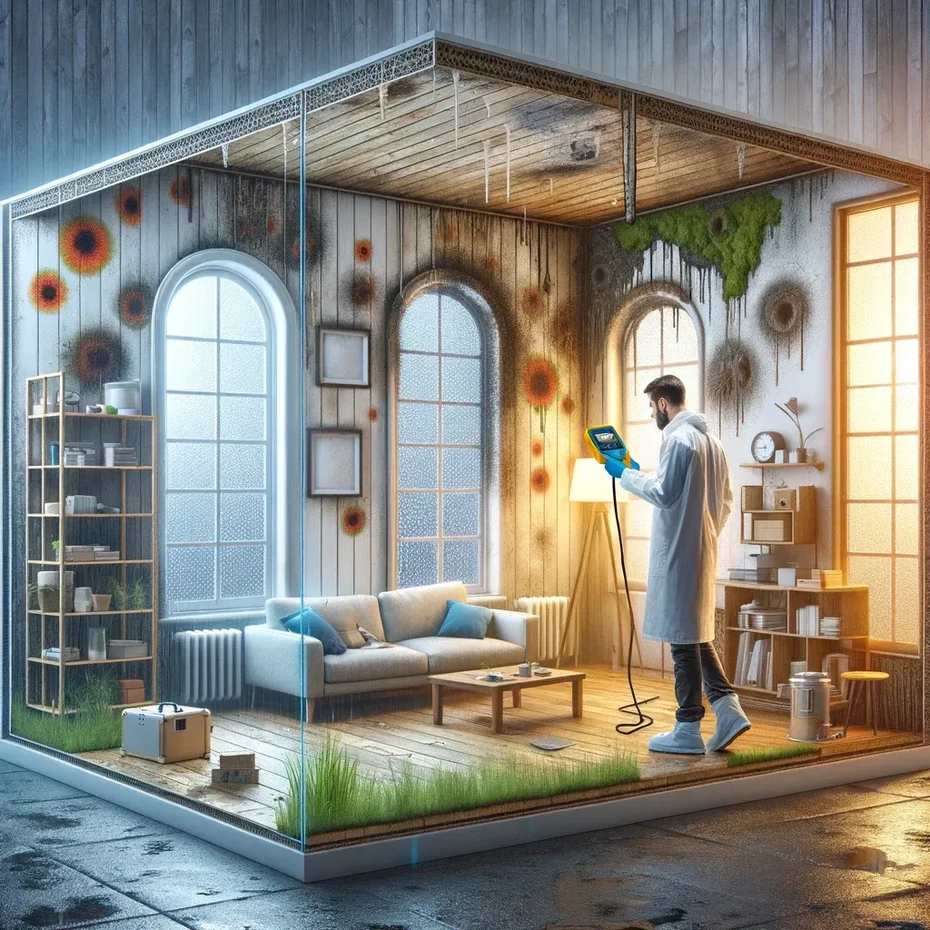 Un scientifique en blouse blanche vérifie du matériel dans une pièce au sol recouvert de gazon, ornée d'œuvres d'art et de fenêtres cintrées.