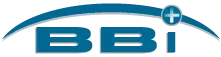 A blue and white logo for a company called bbi.