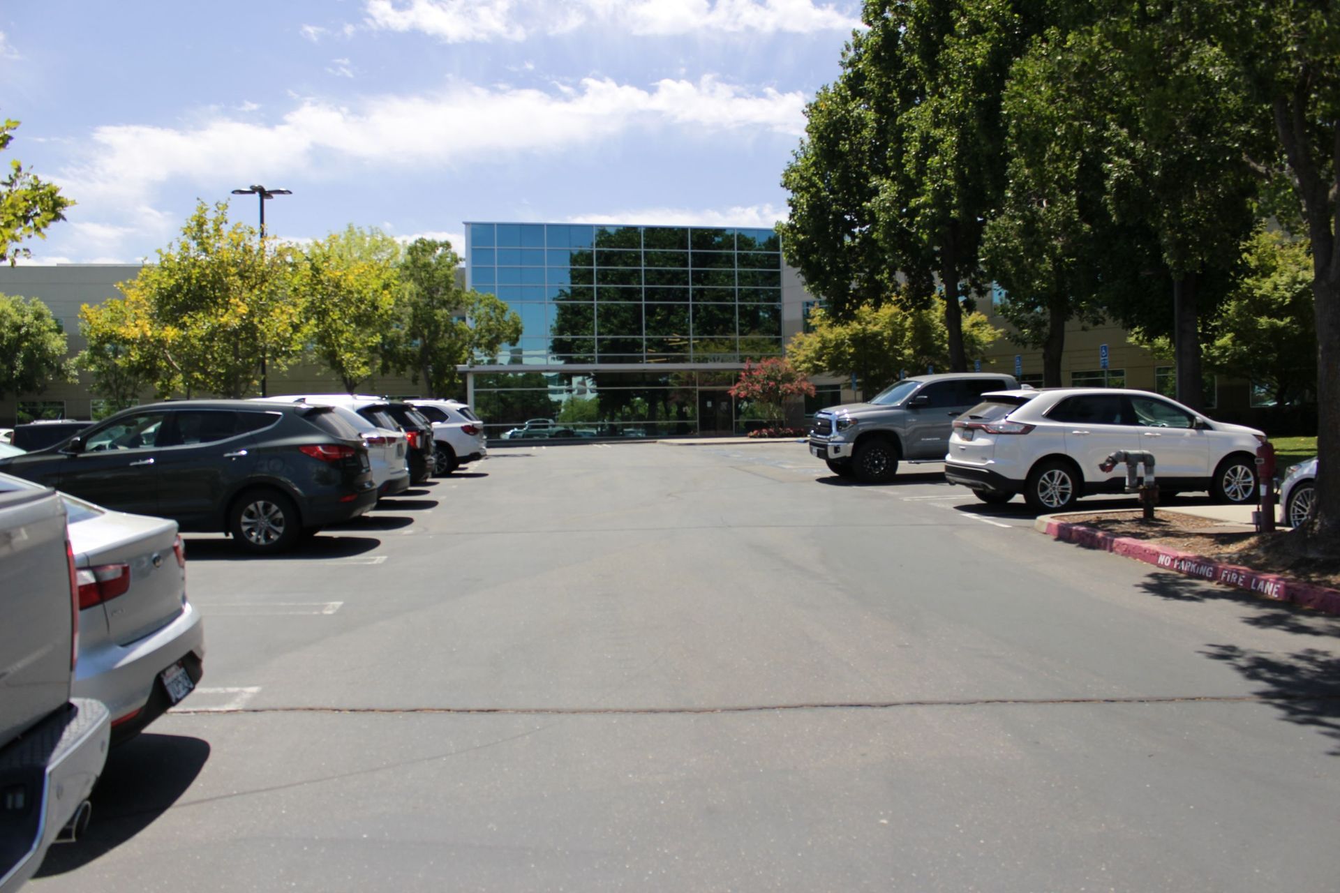 A parking lot lined with cars leads to a building with reflective glass windows, surrounded by trees under a bright sky.