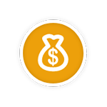 A yellow circle with a white icon of a money bag with a dollar sign inside of it.