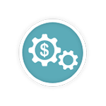 A gear with a dollar sign on it in a blue circle.