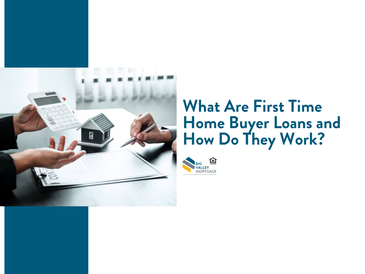 Loan brochure cover with hands, calculator, house model, and title “What Are First Time Home Buyer Loans and How Do They Work?”