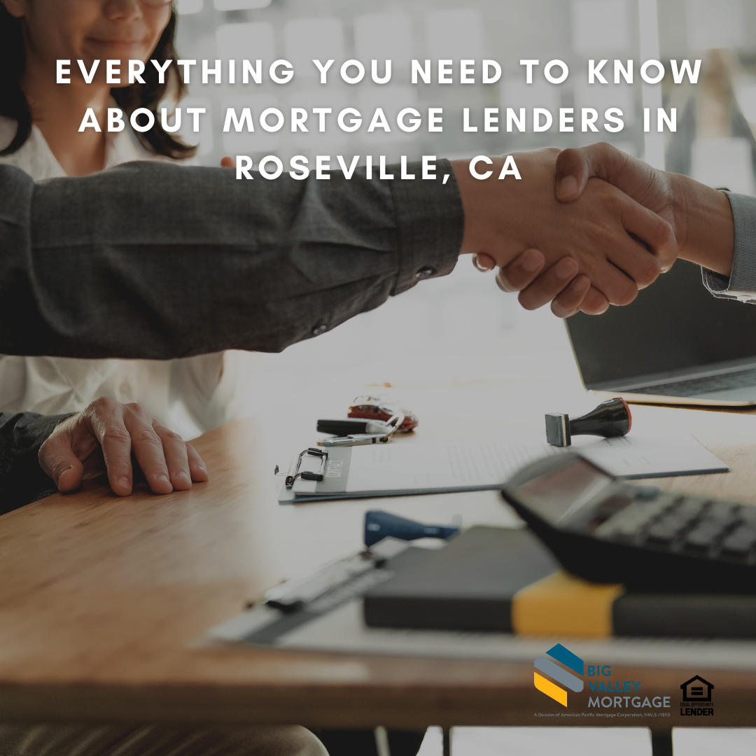 Handshake over mortgage documents, text reads 'Everything You Need to Know About Mortgage Lenders in Roseville, CA.