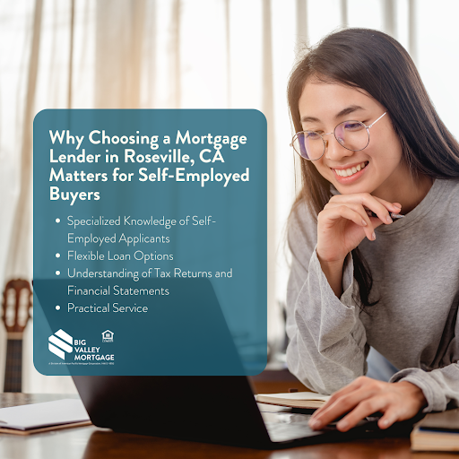 Woman using laptop with graphic about why self-employed buyers need a mortgage lender in Roseville, CA.