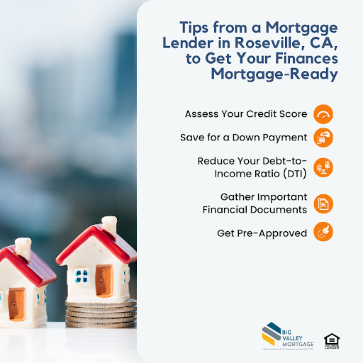 Tips from a mortgage lender in Roseville, CA, on getting mortgage-ready, with financial steps and Big Valley Mortgage logo.