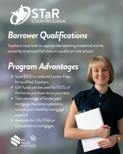 Smiling female teacher holding folders, promoting Big Valley Mortgage STaR Loan Program benefits for educators.