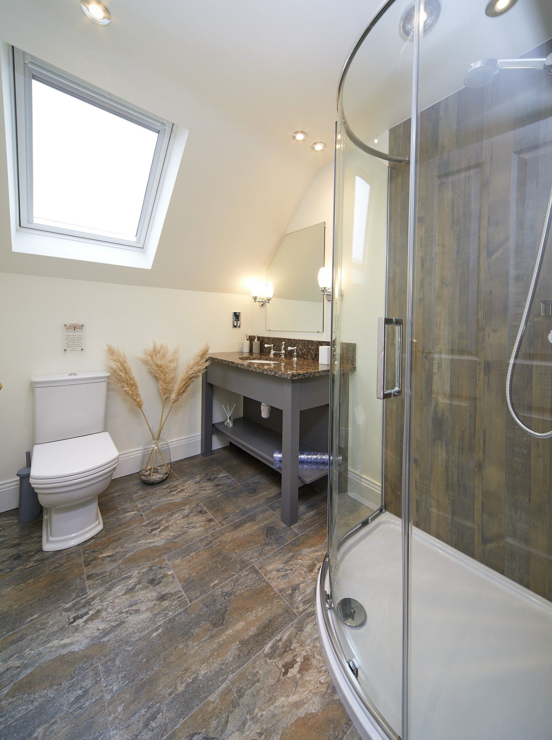 A bathroom with a toilet a sink and a walk in shower