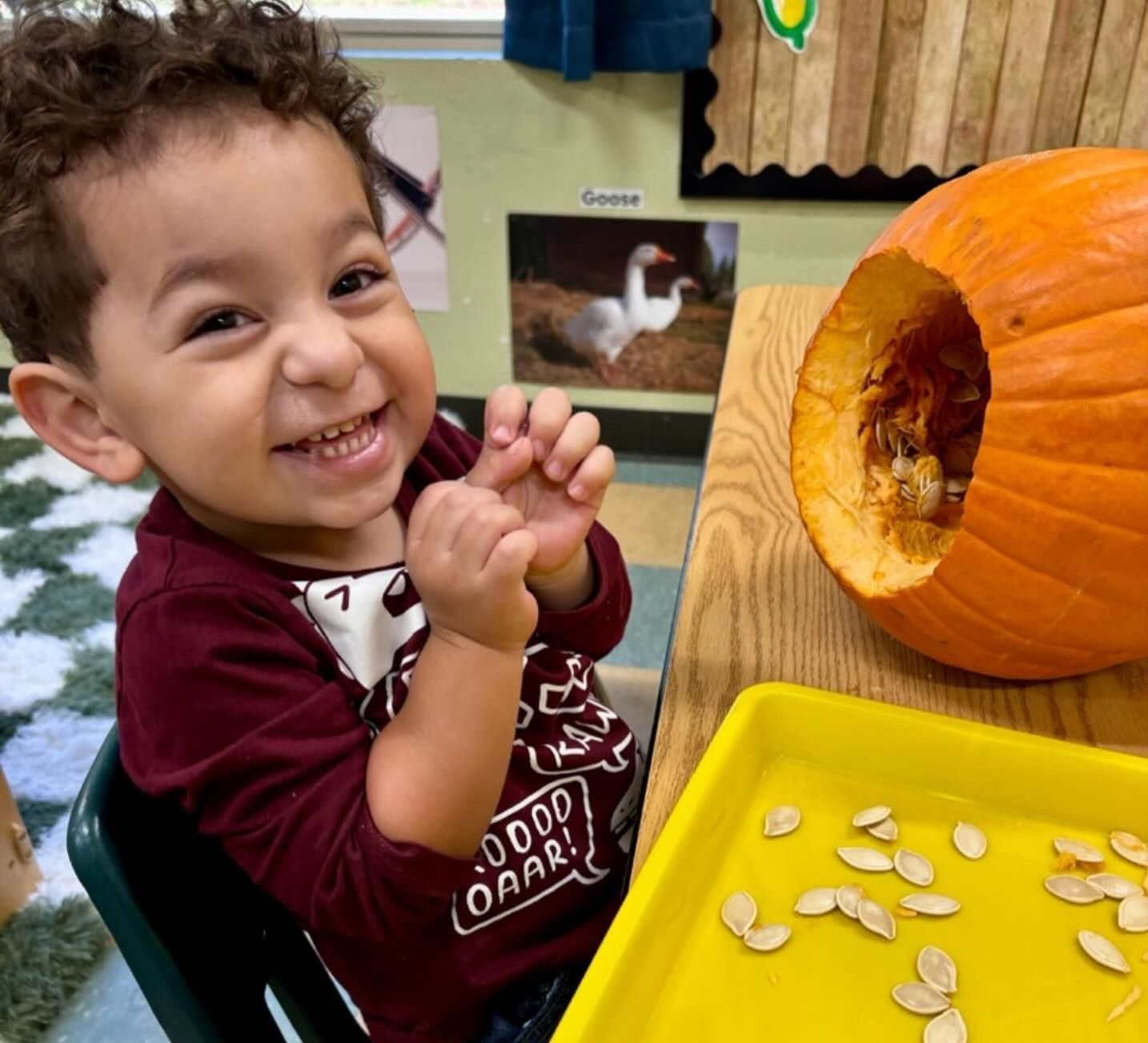 A little boy wearing a shirt that says good oars
