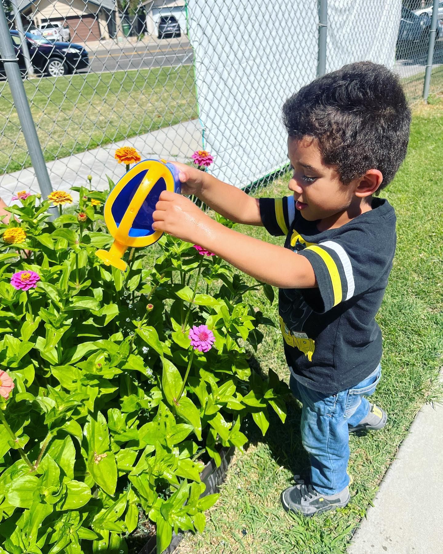 A young boy is watering flowers with a watering can.