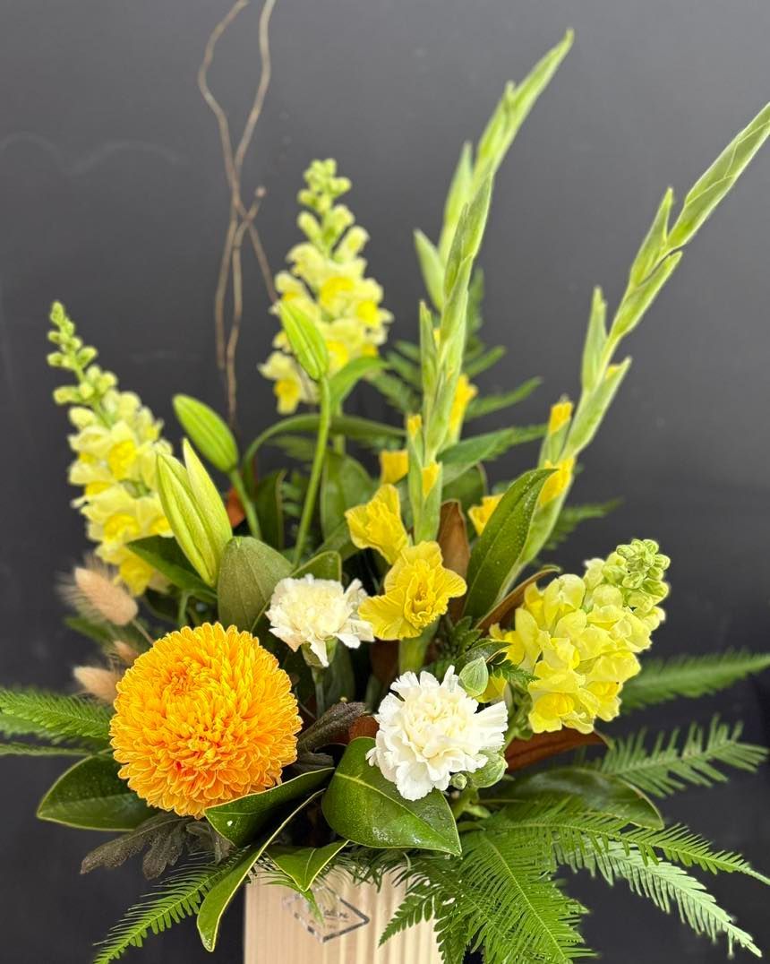Yellow and White Floral Arrangement in a Wooden Container — J'adore Flowers & Gifts Cairns in Earlville, QLD