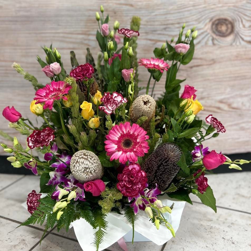 Colorful Floral Arrangement in White Square Box — J'adore Flowers & Gifts Cairns in Earlville, QLD