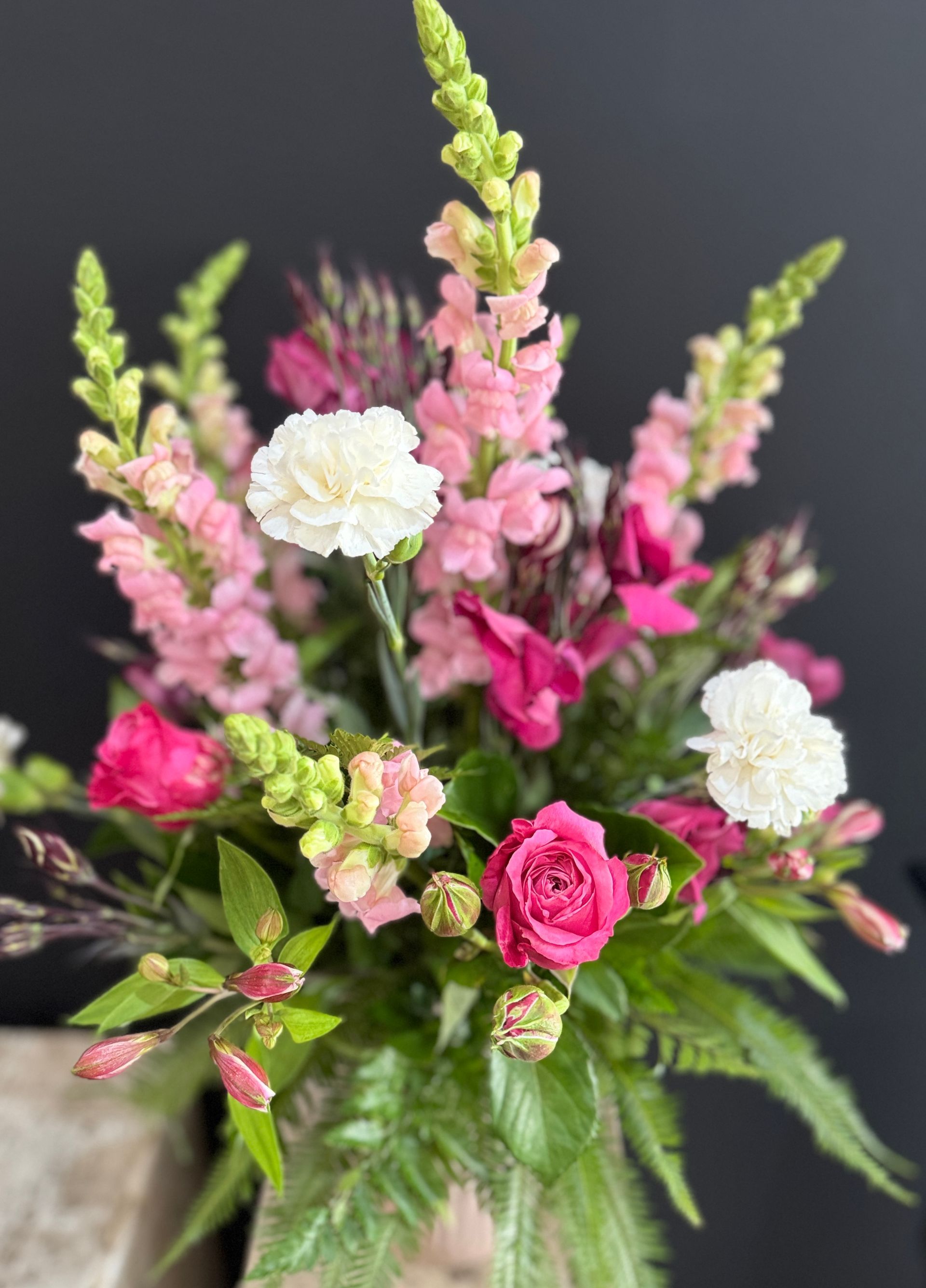 Floral Arrangement With Pink Snapdragons, Roses, and White Carnations — J'adore Flowers & Gifts Cairns in Edmonton, QLD