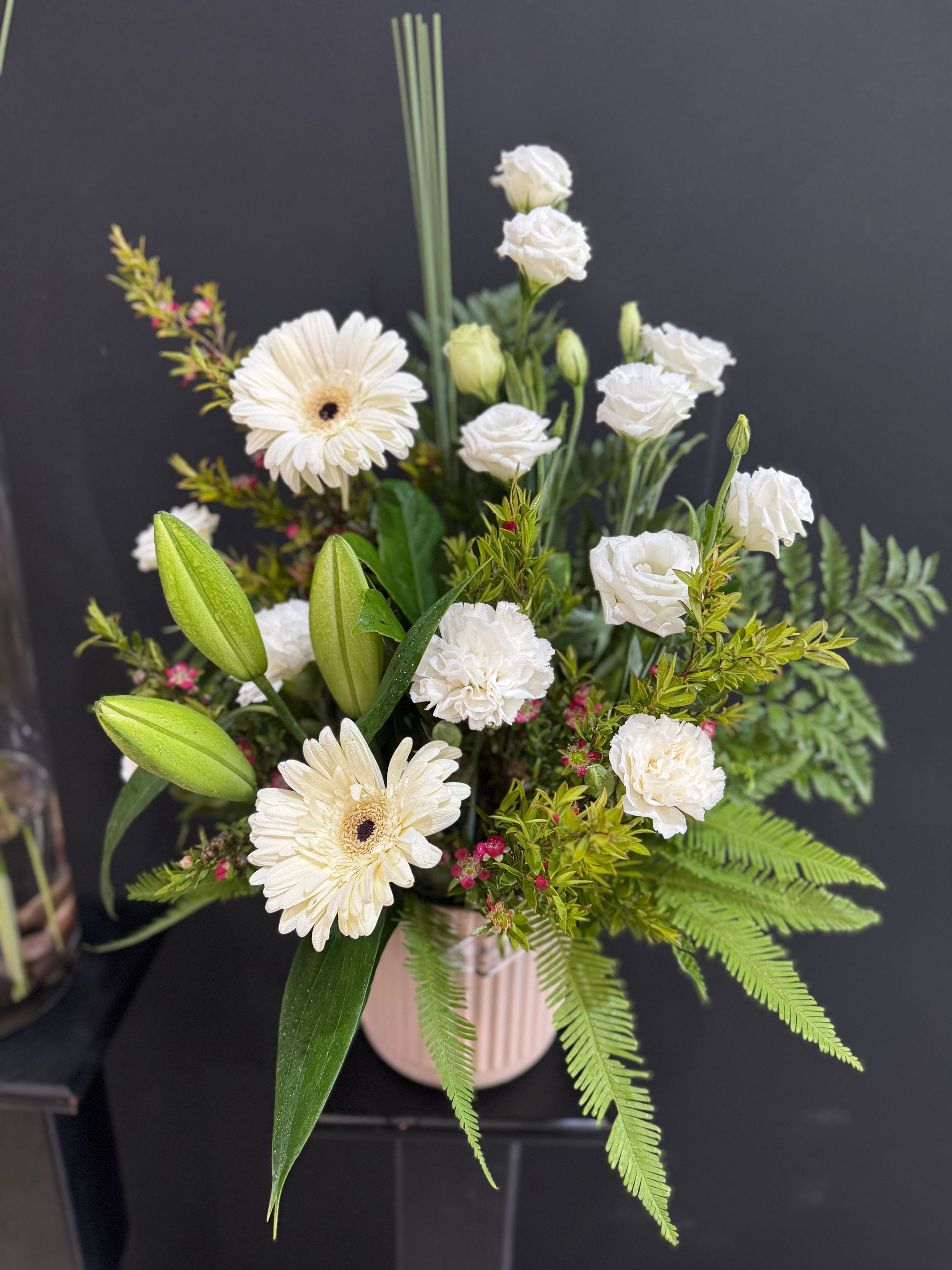 Floral Arrangement With White Gerbera Daisies — J'adore Flowers & Gifts Cairns in Earlville, QLD