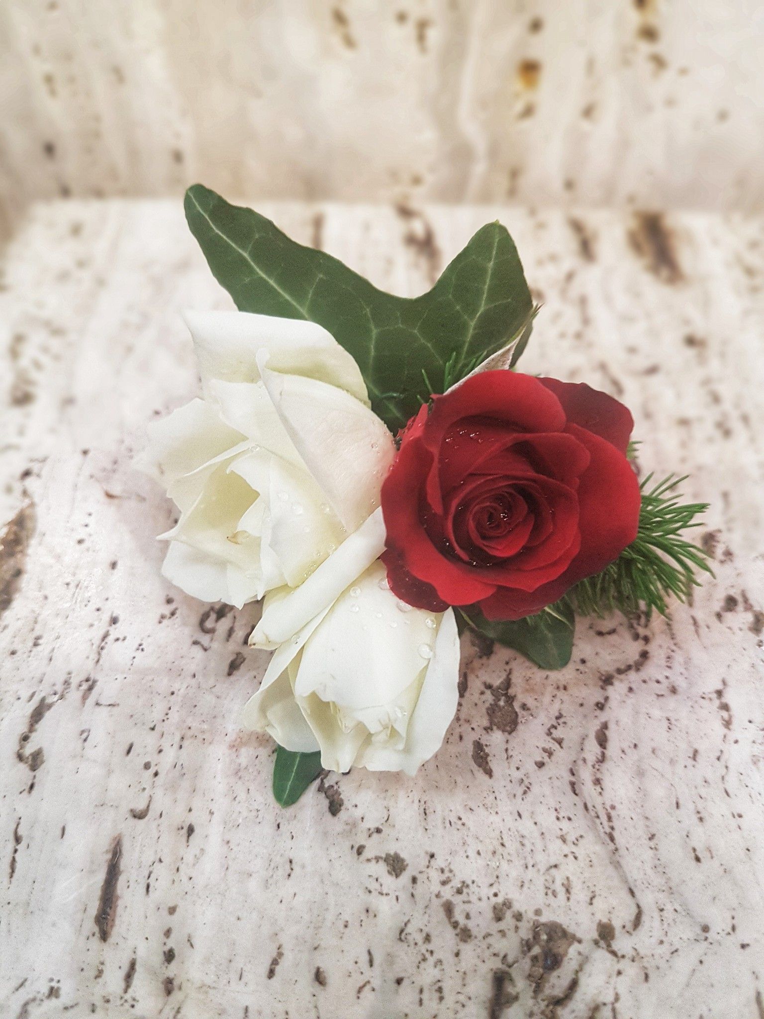 White and Red Rose Boutonniere With Greenery — J'adore Flowers & Gifts Cairns in Bungalow, QLD