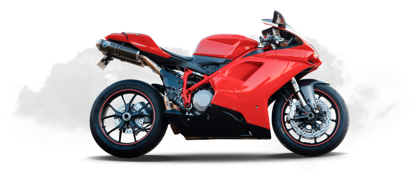 A red motorcycle is parked on a white background.